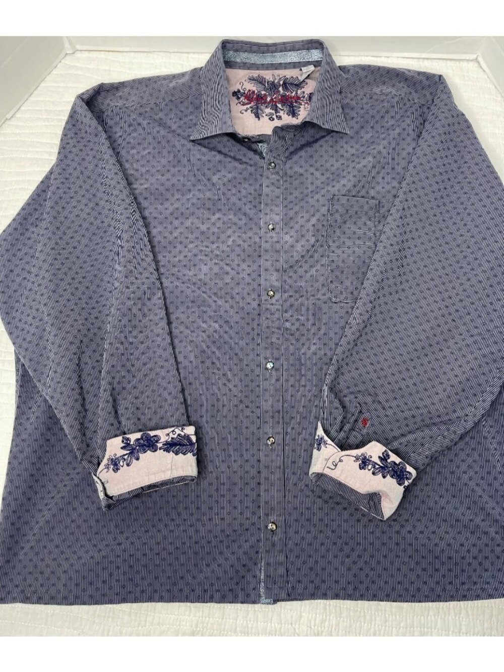 Robert Graham Mens 3XL Button-Up Cotton Shirt Blue Striped Floral Embroidered